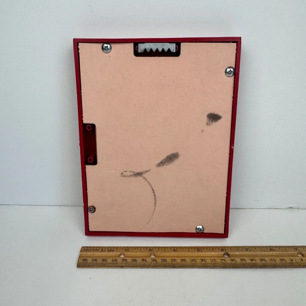 Vtg plastic red frame baby nursery teddy bear blocks balloons oval image READ